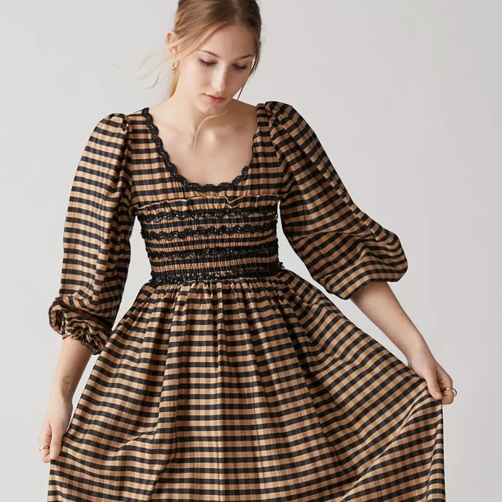 Sister Jane Black and Tan Gingham Puff-Sleeve Long Sleeve Dress